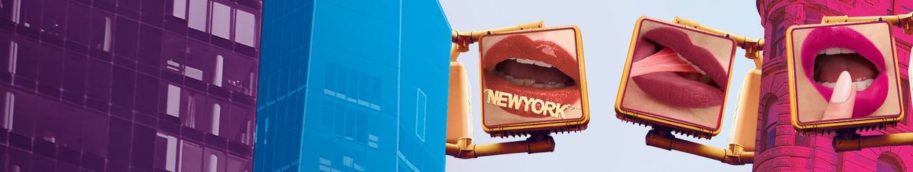 Maybelline Lip Makeup products illustrative banner image - Close up of a blond woman's red lips